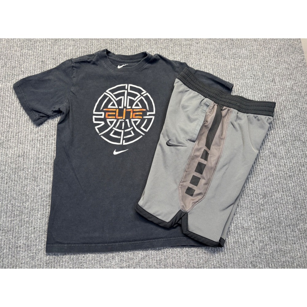 Nike Elite Boys 2 Piece Set Black Graphic T-Shirt and Grey Dri-FIT Shorts Size L